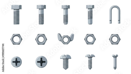 Industrial fasteners collection featuring various metal bolts nuts and screws in flat cartoon style.