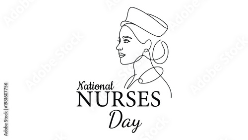 National Nurses Day minimalist line drawing of nurse in profile with traditional cap, symbolic healthcare observance artwork for celebration and stock illustration