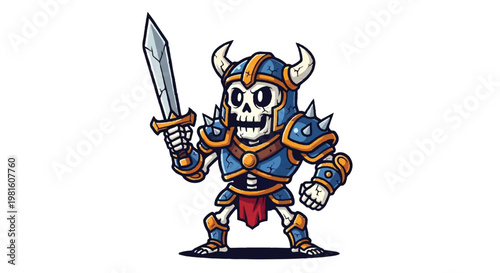 Cartoon skeleton warrior with sword and armor vector illustration