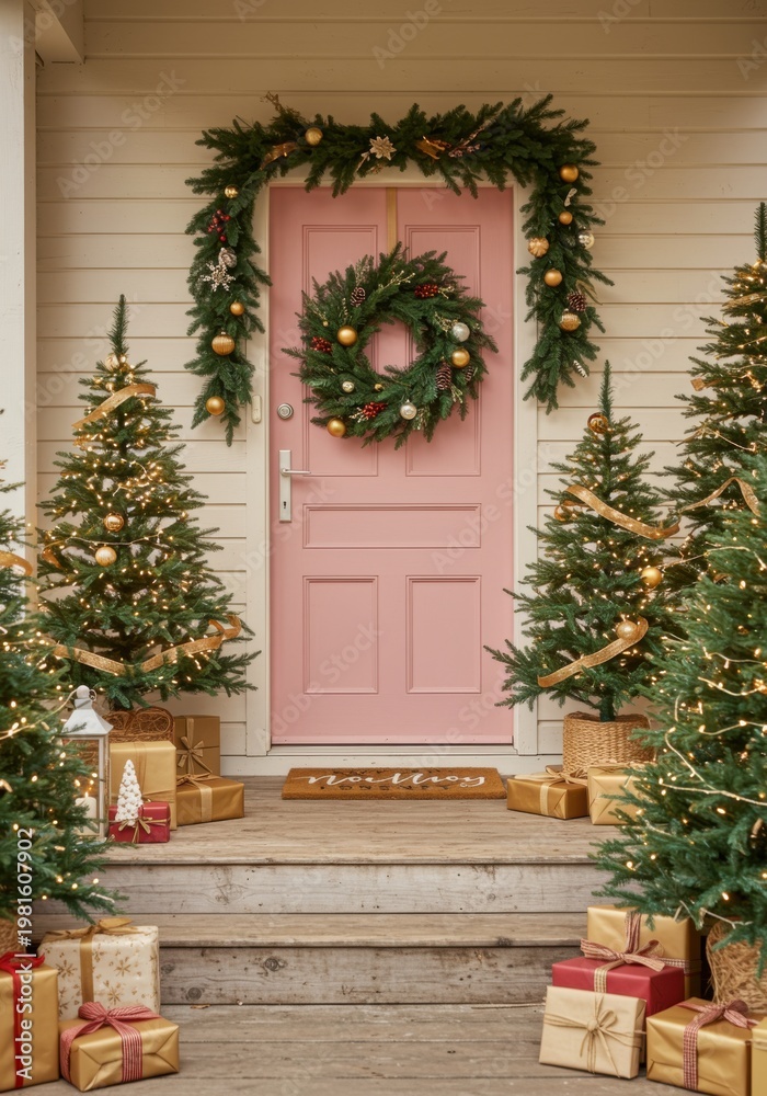 Fototapeta premium Pink Front Door with Christmas Wreath and Glowing Trees on a Wooden Porch Floor for Seasonal Greeting Card and Cozy Home Decor Magazine Editorial
