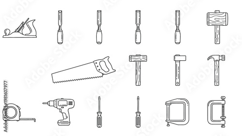 Woodworking and carpentry tools line icons set featuring saw drill chisels and clamps in minimalist style.