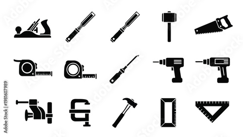 Black silhouette woodworking and measurement tools icons including tape measure clamps and drills for builders.