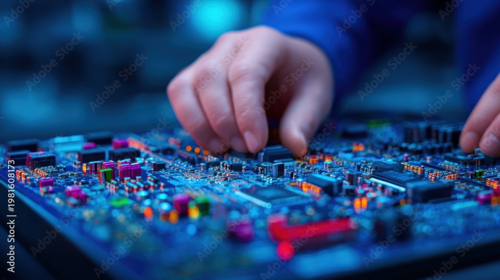 Fototapeta premium Engineer hands assembling electronic circuit board for advanced computer hardware development precision microelectronics repair soldering technology maintenance