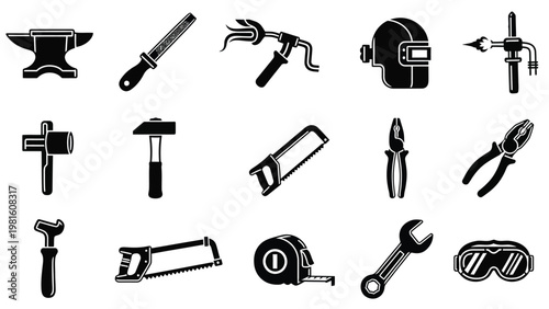 Black and white industrial tools silhouettes for blacksmithing welding and metalwork repair.