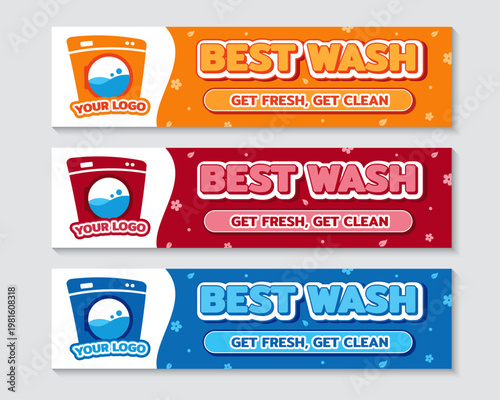 Set of laundry shop banner templates with washing machine icon, Best wash and dry signage vector illustration.