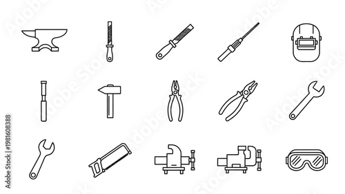 Industrial tools icons set. professional worker equipment for metalwork and repair, blacksmithing instruments.