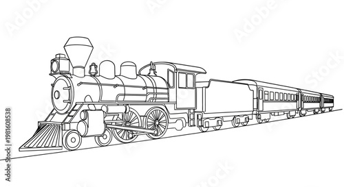 Vintage Steam Locomotive Train Drawing, Retro Transportation Illustration