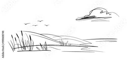 Cuadro en lienzo Minimalist black ink of a lakeside landscape with reeds and flying birds white
