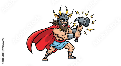 Cartoon superhero character with hammer and lightning