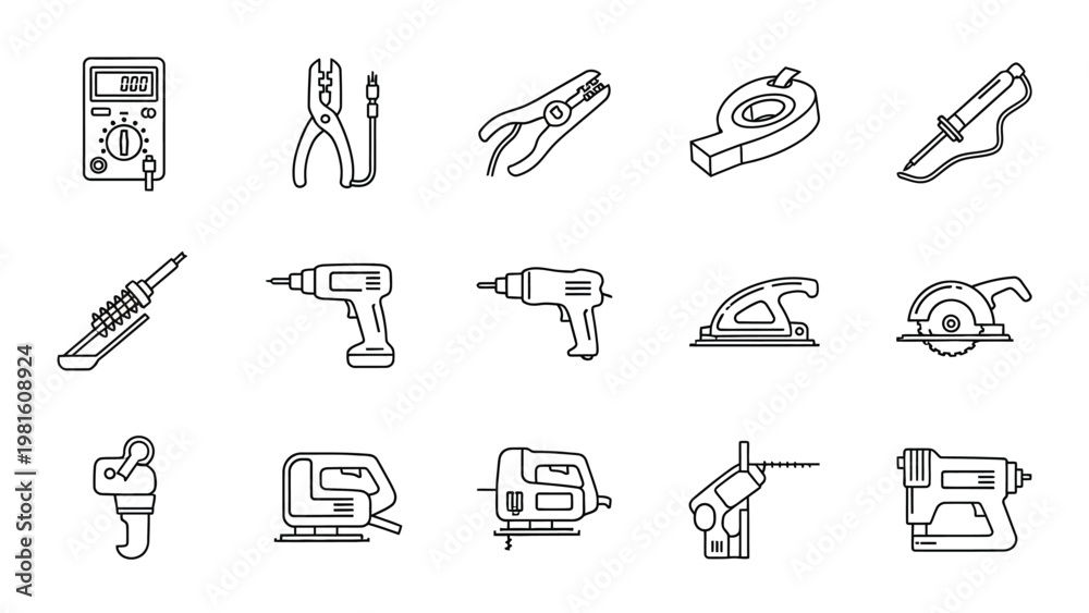 Fototapeta premium Line art icons depicting various power tools and hand tools.