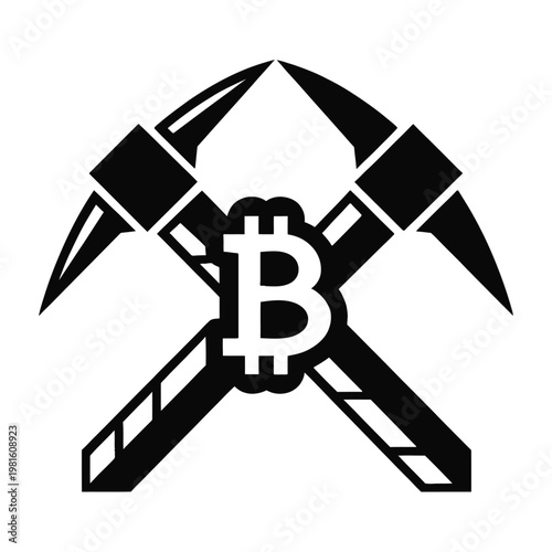 Vector graphic of a bitcoin logo with crossed mining pickaxes