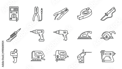 Line art icons depicting various power tools and hand tools.