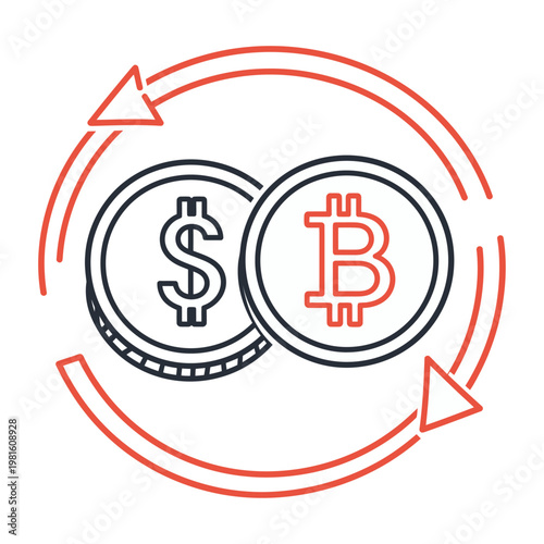 Vector graphic illustrating the exchange between traditional currency and bitcoin.