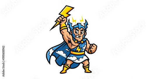Cartoon superhero character with lightning bolt isolated