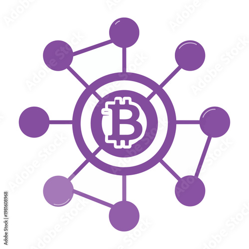 Vector graphic of a bitcoin symbol surrounded by a network of interconnected nodes in purple.