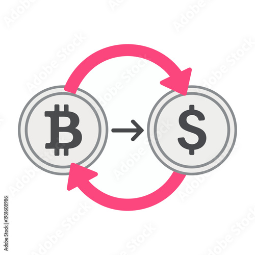 Vector graphic illustrating the exchange of bitcoin for us dollars in a circular transaction