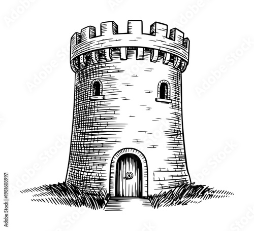 Black and white etching of a medieval stone tower with arched doorway and crenellated battlements