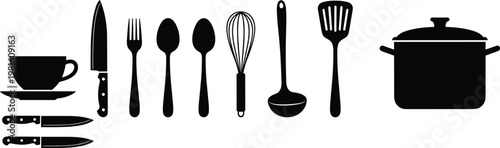 Kitchenware and cutlery silhouette set with pot whisk and knives