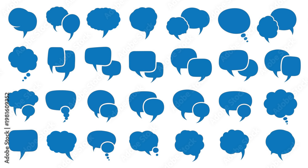 Obraz premium A comprehensive vector graphic illustration set of diverse blue speech and thought bubbles for communication design.