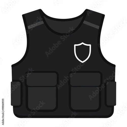 Vector graphic of a black bulletproof vest with a white shield logo