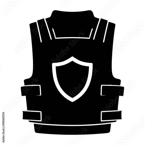 Vector graphic of a black bulletproof vest with a shield emblem