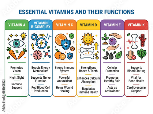 Informative infographic detailing essential vitamins and their diverse functions for optimal human health and well-being.