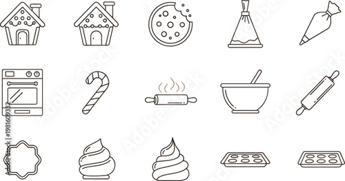 Baking and Cooking Icon Set Featuring Gingerbread House, Cookie, Oven, and Baking Tools for Food, Kitchen, and Holiday Themed Designs, Vector Illustration
