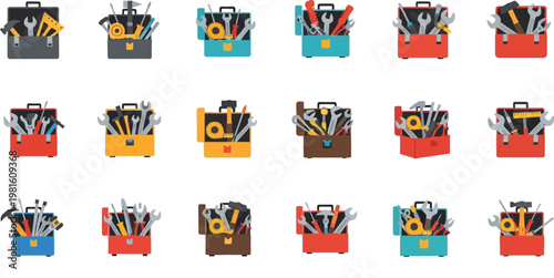 Colorful toolboxes set on transparent background, collection of repair equipment in various colors, flat design style.