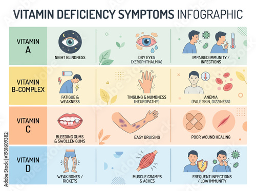 Comprehensive medical infographic outlining essential vitamin deficiency symptoms for improved health awareness and well-being.