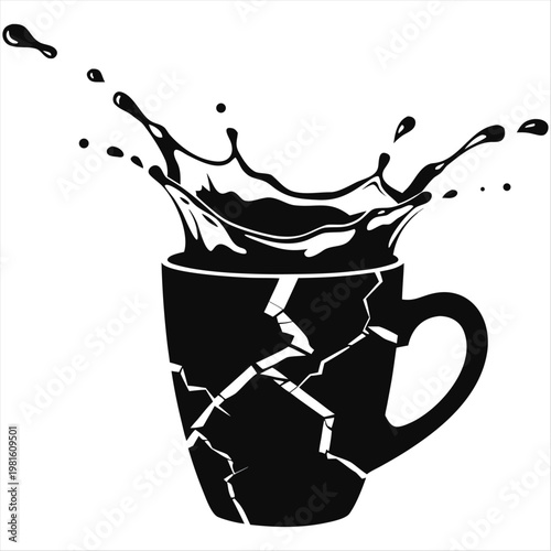 Cracked coffee cup with dark liquid splashing out in dynamic high contrast style silhouette vector on a white background