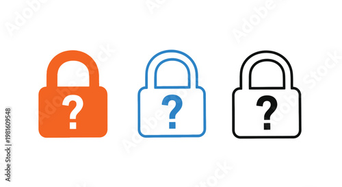 Three colorful padlocks with question marks representing digital security uncertainty in a modern vector graphic illustration design
