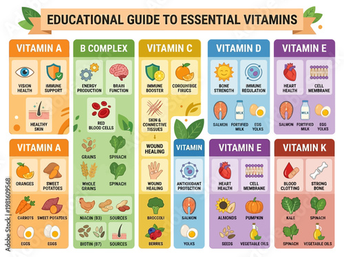 Clear educational infographic detailing essential vitamins, their health benefits, and natural food sources for human well-being.