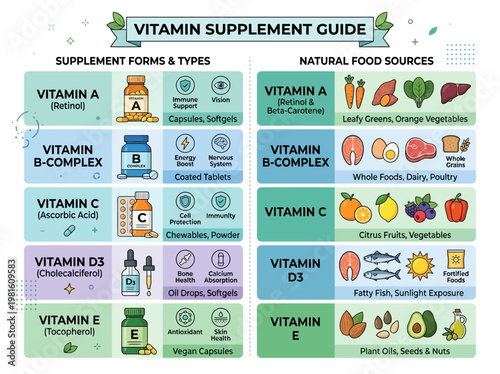 Comprehensive Vitamin Supplement Guide Infographic detailing forms, benefits, and natural food sources for essential daily nutrition and well-being