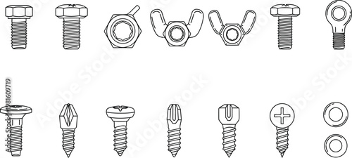 Clean line art icons set of bolts nuts screws and washers on transparent background.