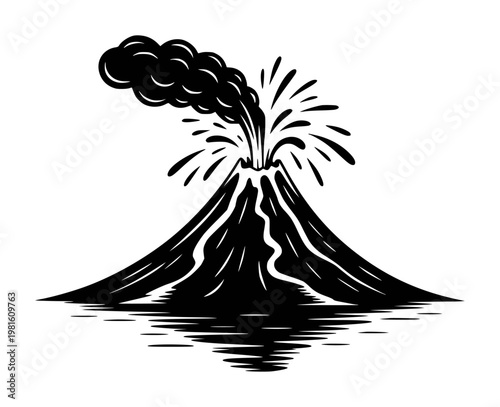 Black silhouette of an erupting volcano spewing smoke and lava into water eruption