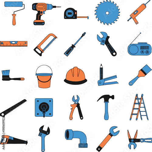 Construction and diy tools collection hand and power tools hard hat radio receiver radio transmitter construction worker construction equipment collection illustration building