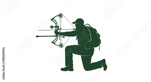 Archer Silhouette with Compound Bow and Arrow on White Background