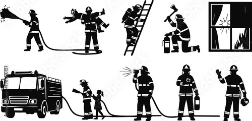 Firefighter Rescue Operations and Fire Truck Silhouette Vector