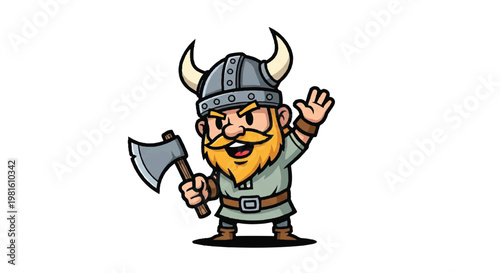 Cartoon viking character with axe and horned helmet isolated