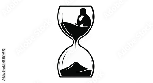 Man contemplating within an hourglass, symbolizing time passing and deep thought.