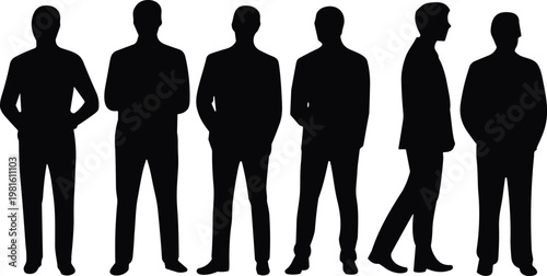 Set of Professional Business Men Silhouettes Featuring Formal Suits in Standing and Walking Poses Isolated on White Background for Architectural Visualization and Corporate Design Projects