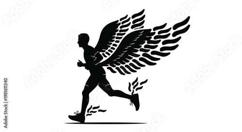 Dynamic silhouette of a runner with powerful wings and fiery trails, symbolizing speed and achievement.