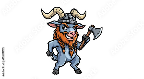 Cartoon viking goat with axe on white background