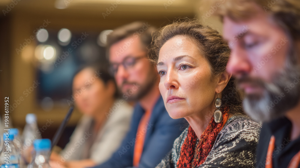 Fototapeta premium woman sits with a group of people in a meeting or conference setting