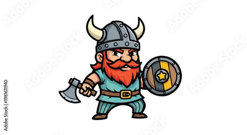 Cartoon viking warrior with axe and shield isolated
