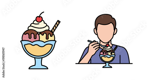 Man eating ice cream sundae dessert.