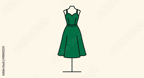 A simple green dress with thin straps and a flared skirt displayed on a mannequin.