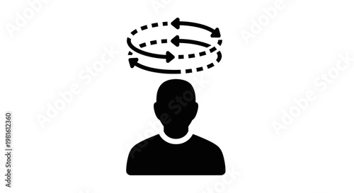 Silhouette of a person with a circular arrow graphic above their head indicating confusion or dizziness.