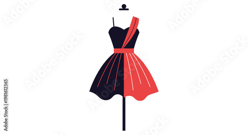 Elegant women's cocktail dress in contrasting black and red colors on a mannequin stand, isolated white background.