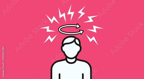 Person experiencing a severe headache or stress, with lightning bolts and arrows indicating pain on a solid pink background.